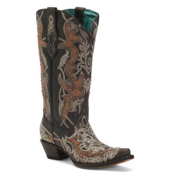 CORRAL BOOTS  Mexico Leather Embroidery And Crystals Snip Toe Western Boots - Picture 1 of 2